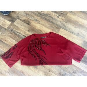 Bob Mackie Wearable Art Red Sheer Top w/ Embellishments Womens 1X
